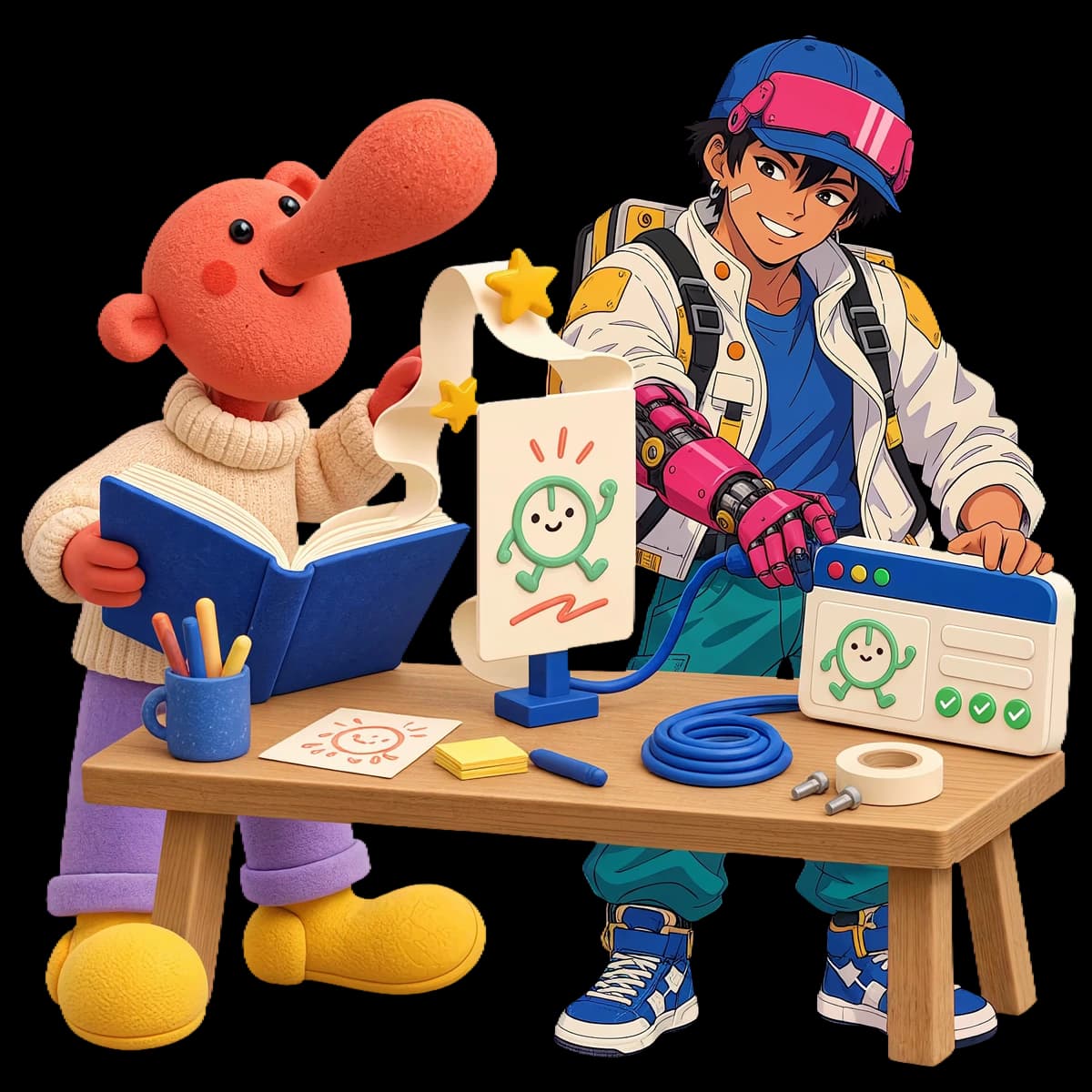 A soft 3D coral storyteller and a hand-drawn engineer with a pink robotic arm share a workbench, connecting an open storybook to an ad, a matching page, and a tracking system.