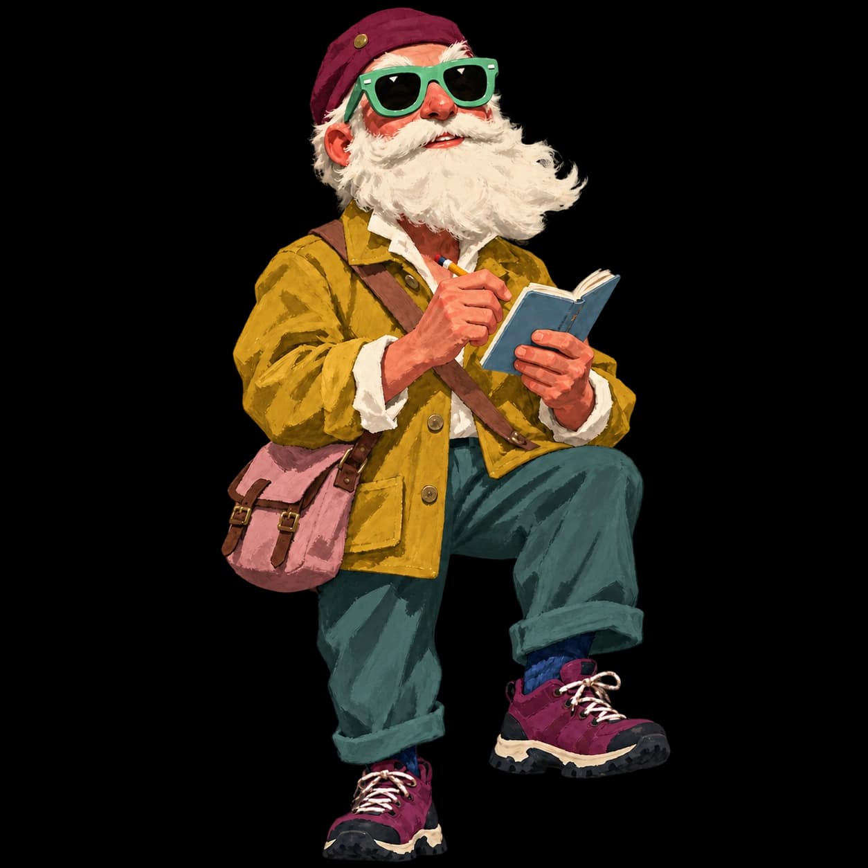 A painted explorer with a cap, a white beard, and a small notebook.