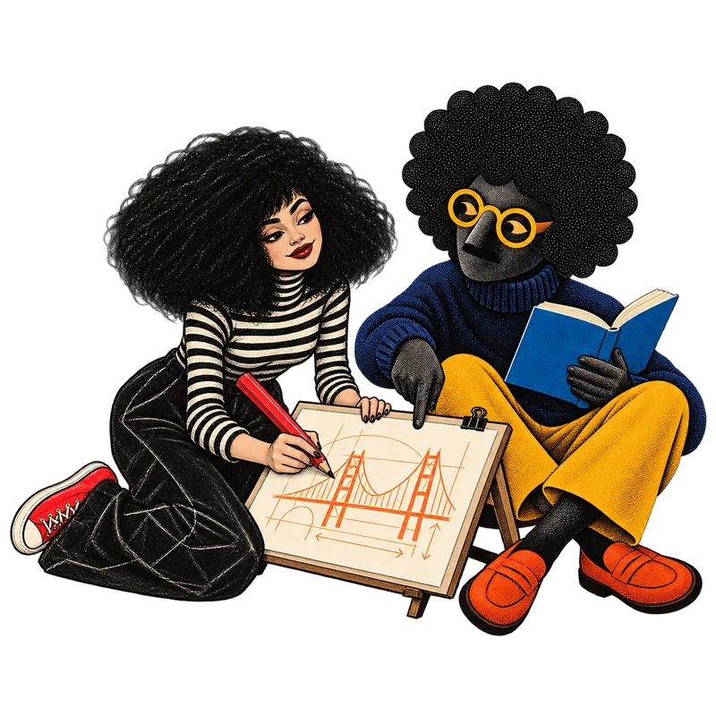 The illustrator and reader working together on a bridge plan